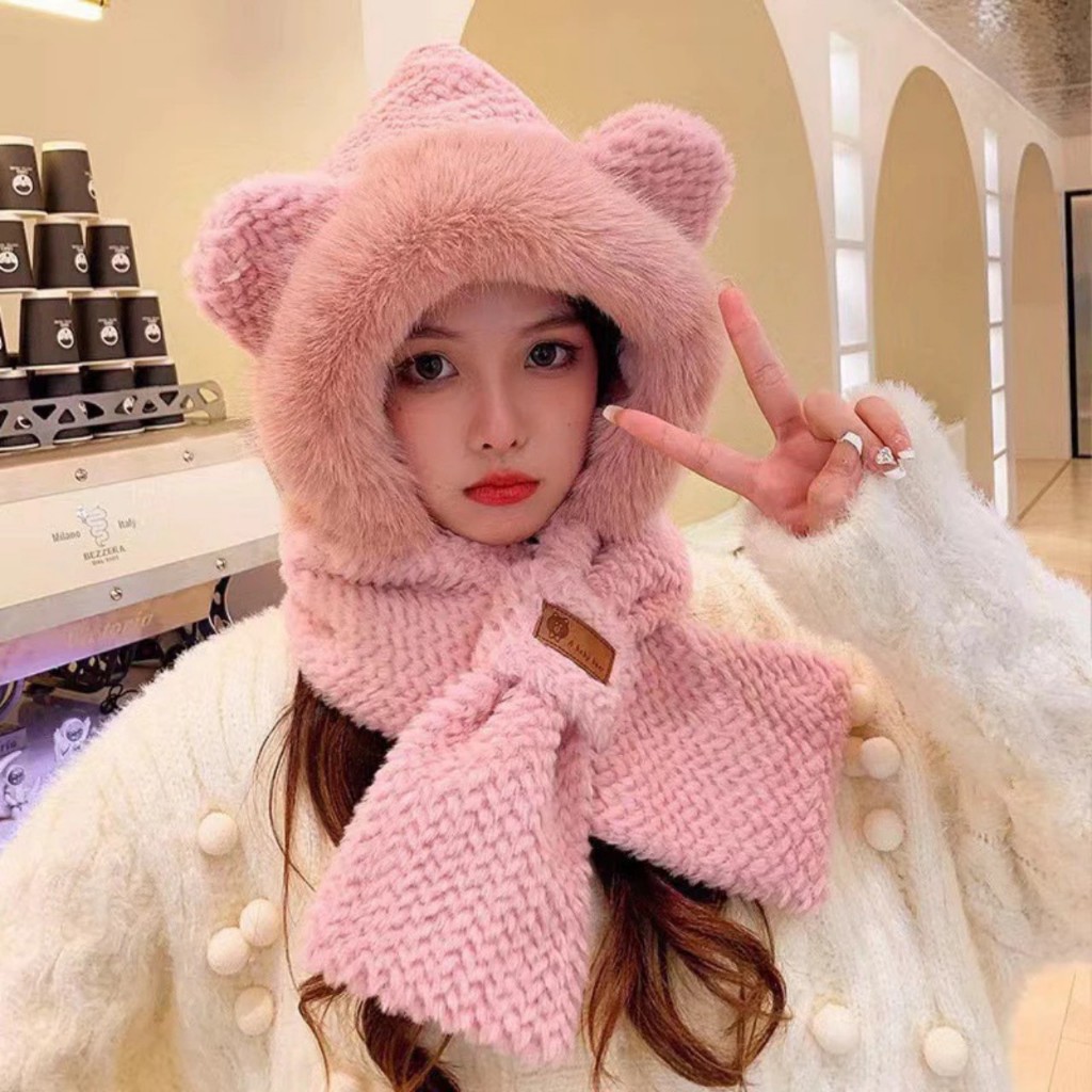 Mũ len tai mèo tai gấu lông dệt kim MD kèm khăn choàng cổ ấm áp hot trend 2023