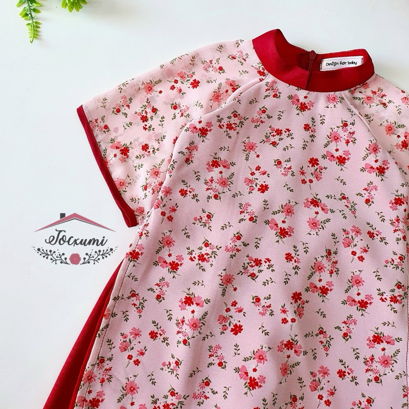 Set áo dài cách tân hoa đỏ xinh iu voan pháp cao cấp - Tocxumi