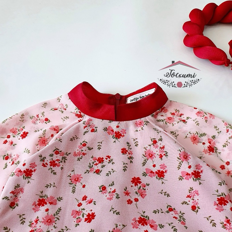 Set áo dài cách tân hoa đỏ xinh iu voan pháp cao cấp - Tocxumi