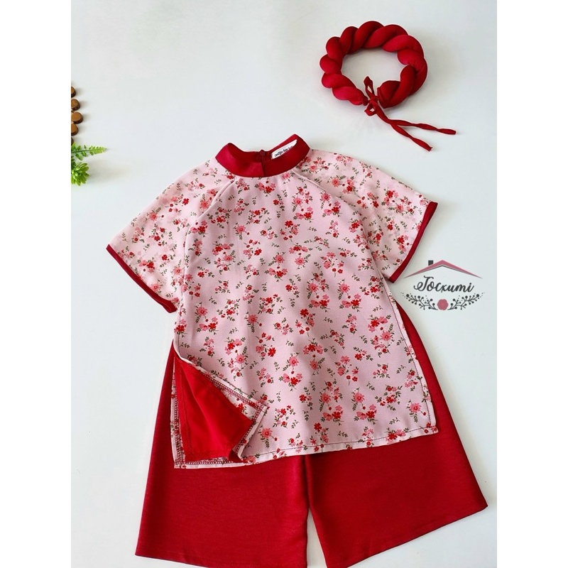 Set áo dài cách tân hoa đỏ xinh iu voan pháp cao cấp - Tocxumi