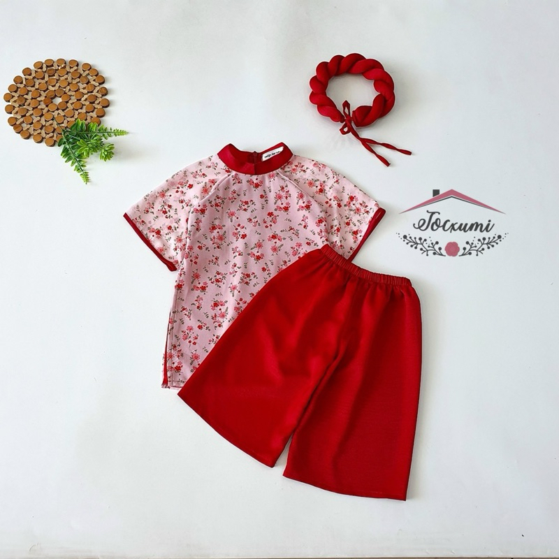 Set áo dài cách tân hoa đỏ xinh iu voan pháp cao cấp - Tocxumi