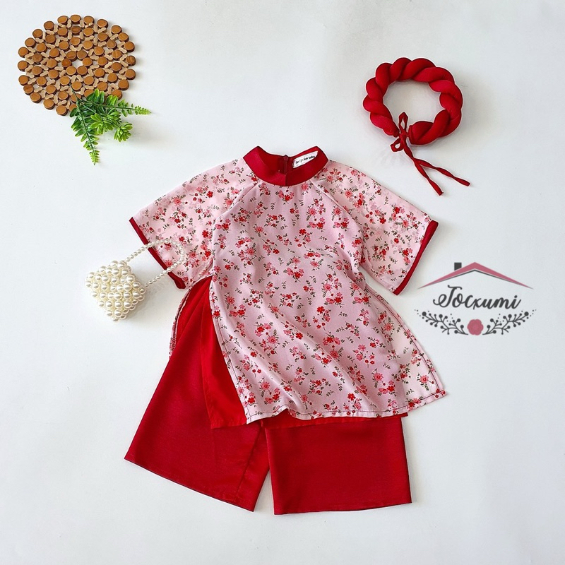 Set áo dài cách tân hoa đỏ xinh iu voan pháp cao cấp - Tocxumi