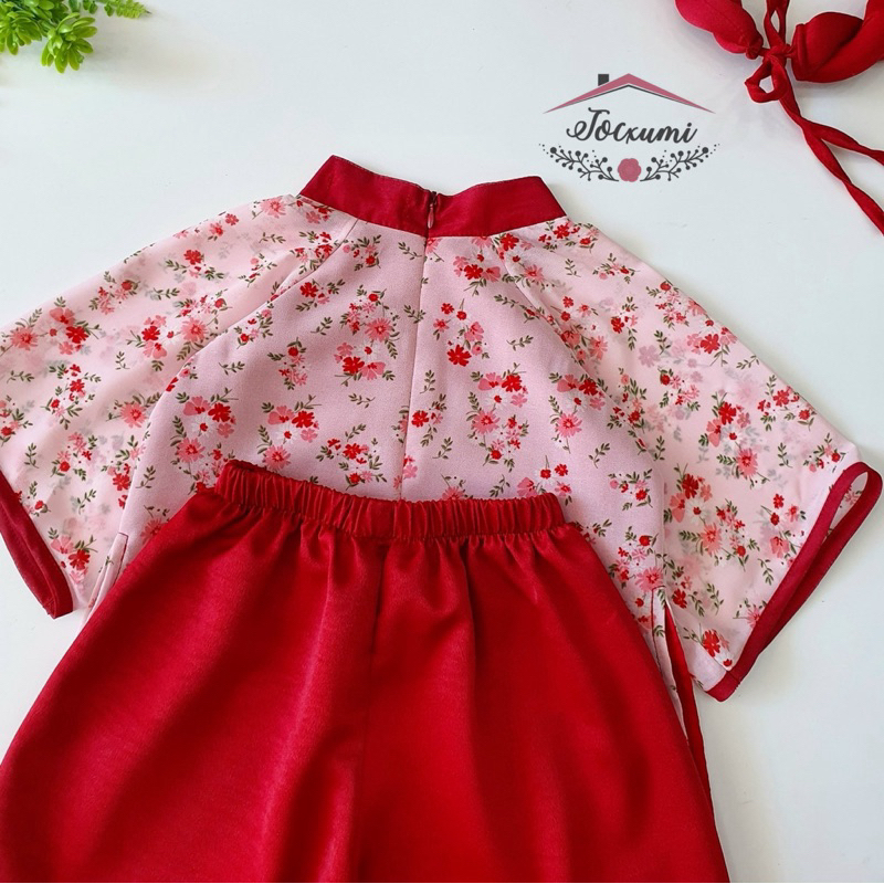 Set áo dài cách tân hoa đỏ xinh iu voan pháp cao cấp - Tocxumi