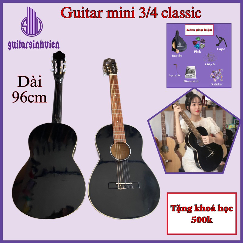 Đàn guitar mini 3/4 classic màu đen - Có ty chỉnh - Tặng 7 phụ kiện