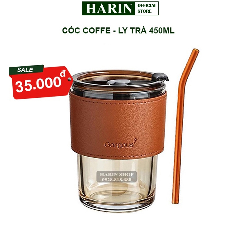 Cốc Thủy Tinh - Ly Coffe, Ly Trà Màu Hổ Phách Bọc Da Chịu Nhiệt Có Nắp Và Tặng Kèm Ống Hút Tiện Lợi 450ml Harin
