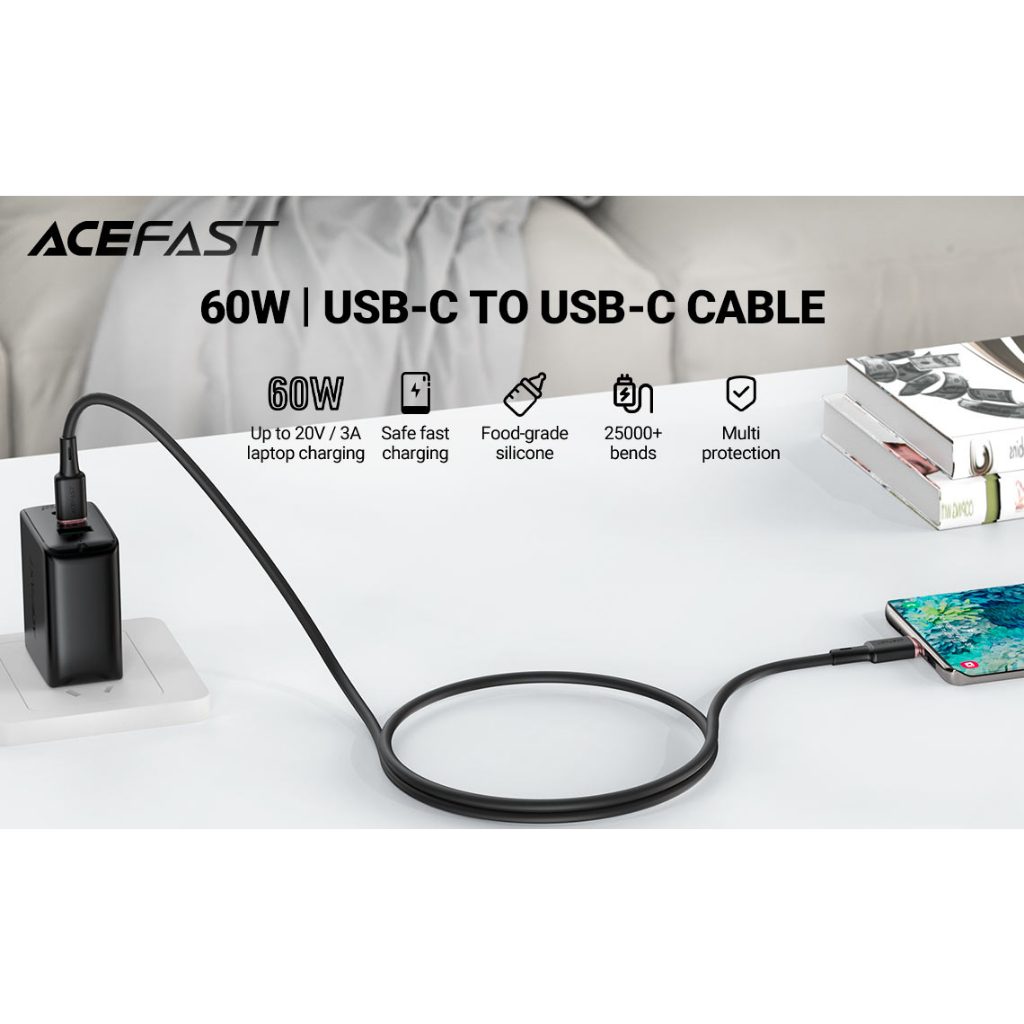 Cáp ACEFAST USB-C to USB-C (1.2m) C2-03 - Sạc nhanh PD60w, Chất liệu hợp kim kẽm, bền bỉ đến 25000 lần gập, BH 2 năm