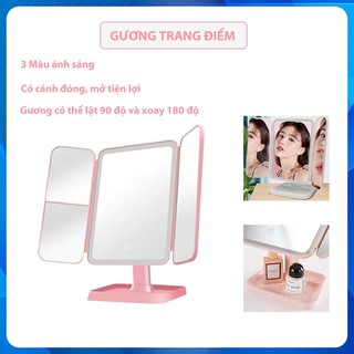Gương trang điểm Gương để bàn trang điểm có đèn led 3 màu cảm biến tay Gương để bàn có thể gập hai bên
