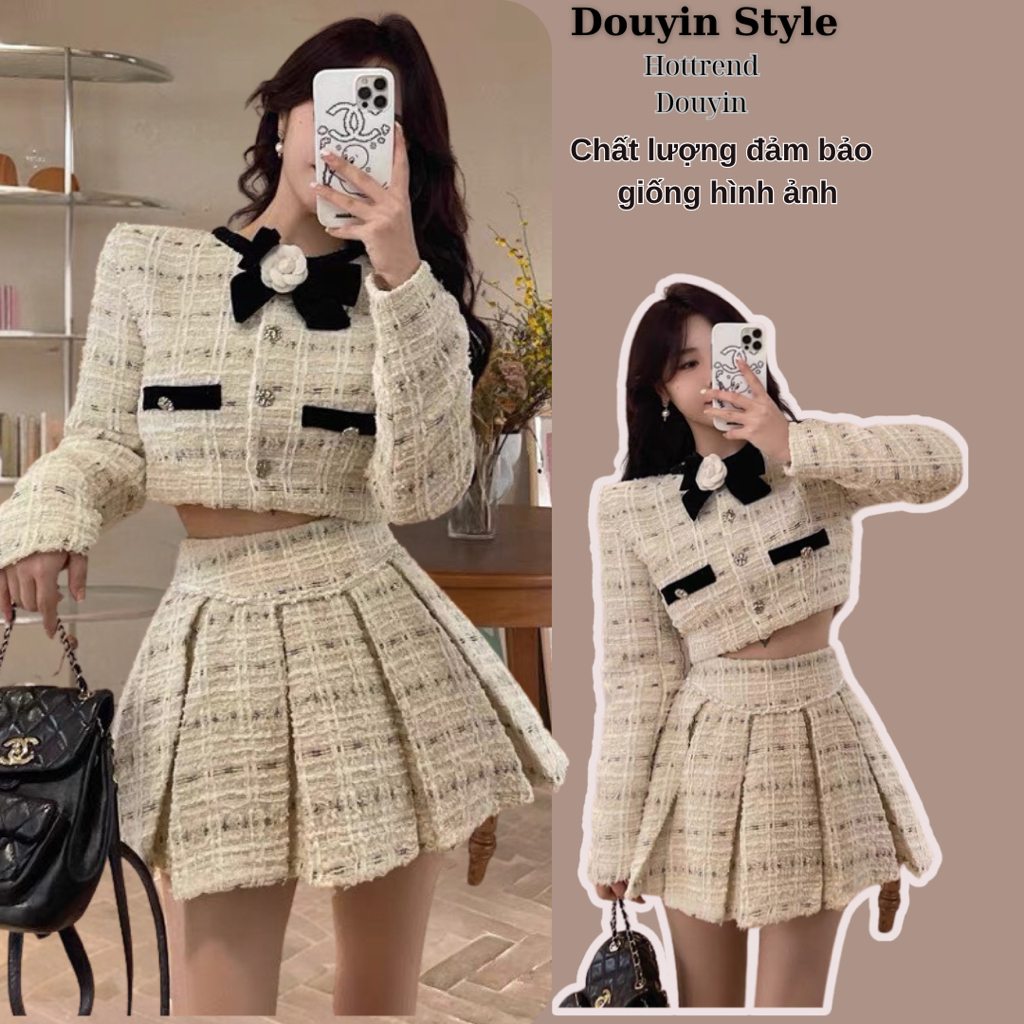 Set Dạ Tweed Tay Dài Thanh Lịch, Áo Khoác Croptop Tweed  Kèm Chân Váy Dạ Xếp Ly Phong Cách Tiểu Thư Hàn Quốc