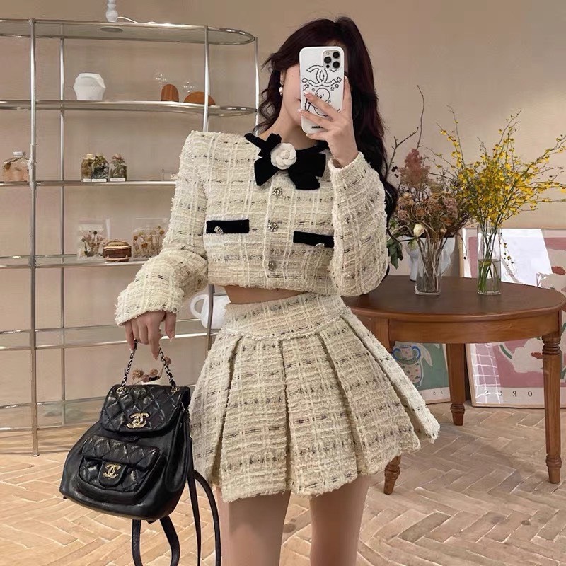 Set Dạ Tweed Tay Dài Thanh Lịch, Áo Khoác Croptop Tweed  Kèm Chân Váy Dạ Xếp Ly Phong Cách Tiểu Thư Hàn Quốc