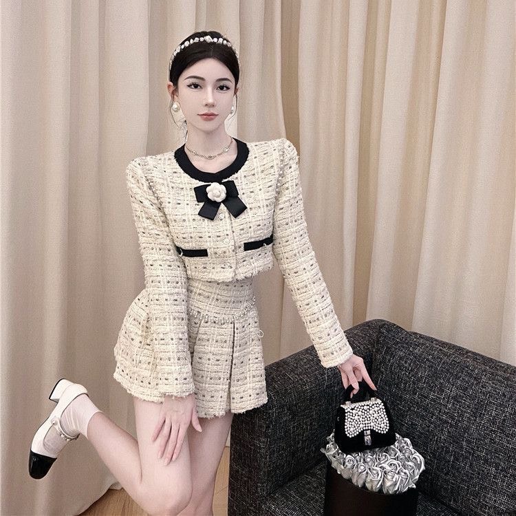 Set Dạ Tweed Tay Dài Thanh Lịch, Áo Khoác Croptop Tweed  Kèm Chân Váy Dạ Xếp Ly Phong Cách Tiểu Thư Hàn Quốc
