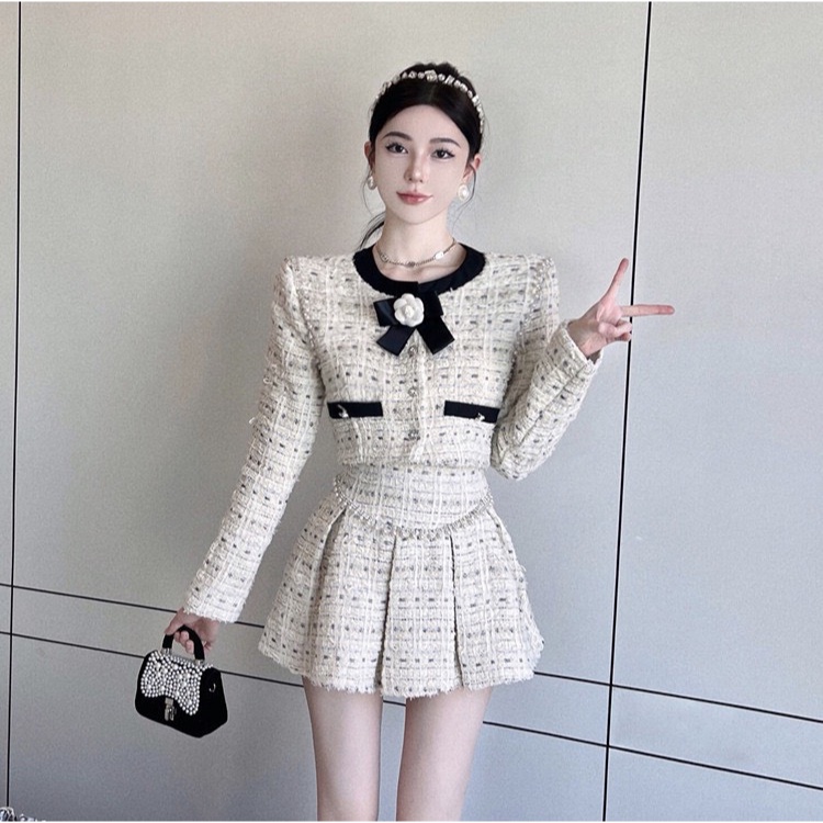 Set Dạ Tweed Tay Dài Thanh Lịch, Áo Khoác Croptop Tweed  Kèm Chân Váy Dạ Xếp Ly Phong Cách Tiểu Thư Hàn Quốc