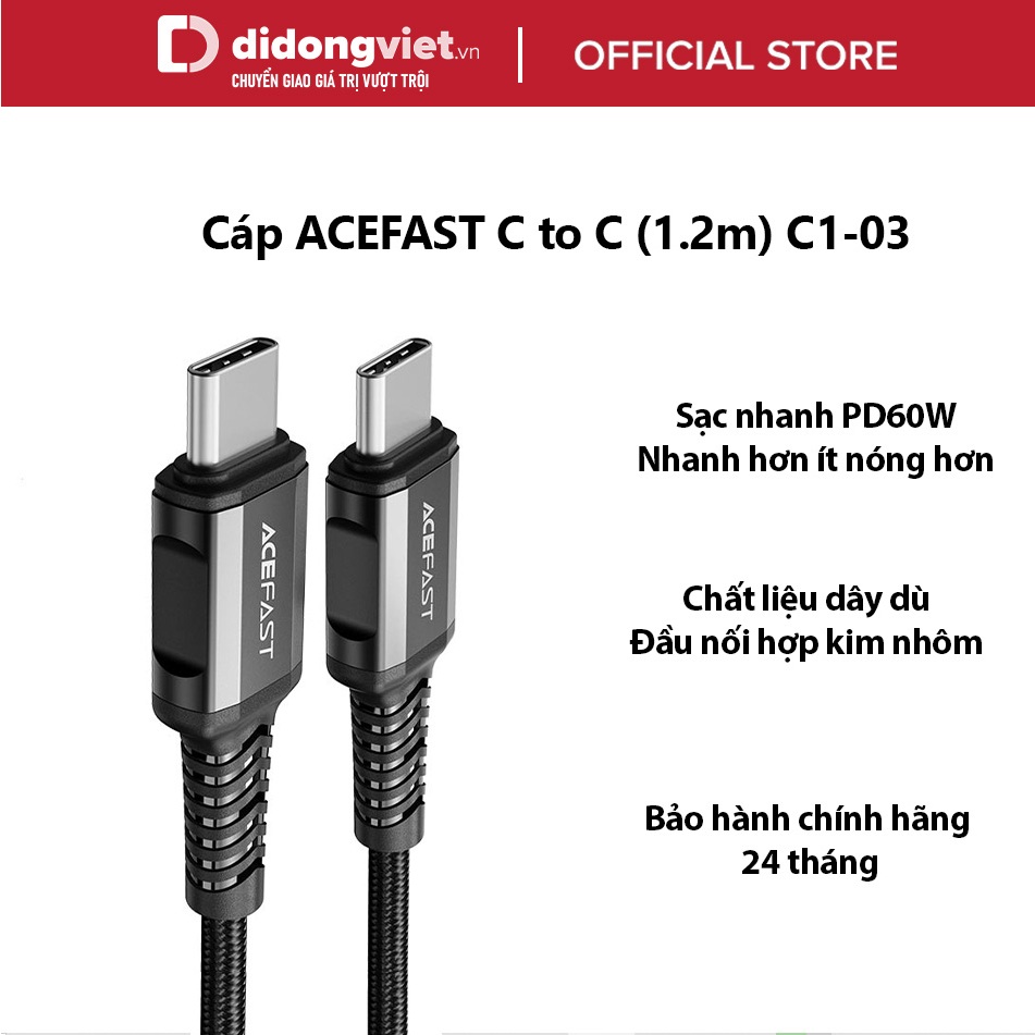 Cáp ACEFAST Type C to Type C (1.2m) C1-03 Chính hãng - Chất liệu dây dù, Đầu nối hợp kim nhôm, Sạc nhanh 60w, BH 2 năm