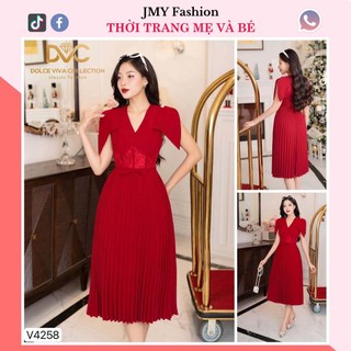 V4258 Váy đầm đỏ dập ly xòe dài sang chảnh [Dolce Viva Colection (DVC)] đầm nhung đỏ cổ V phối ren thiết kế