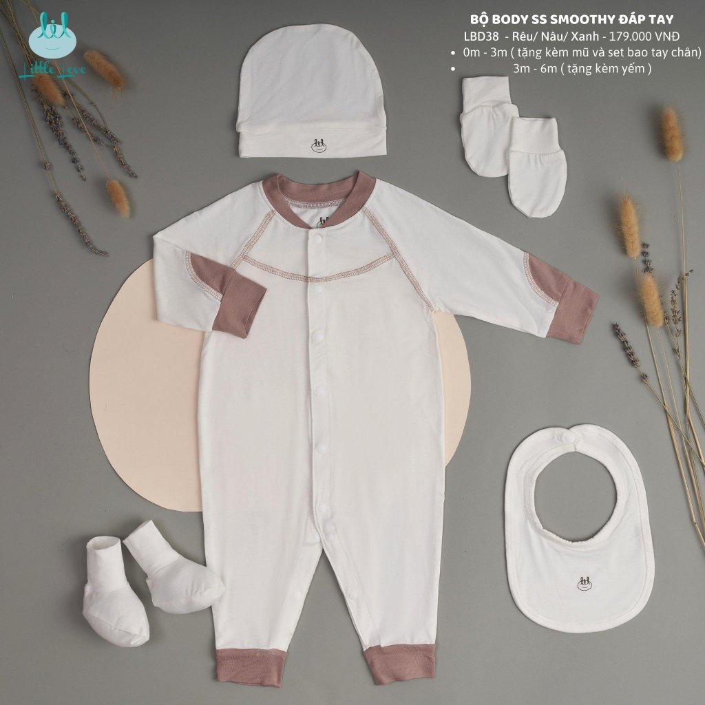 Set quần áo, body dài tay sơ sinh đáp tay smoothy cao cấp, mềm mịn cho bé LiL Little Love