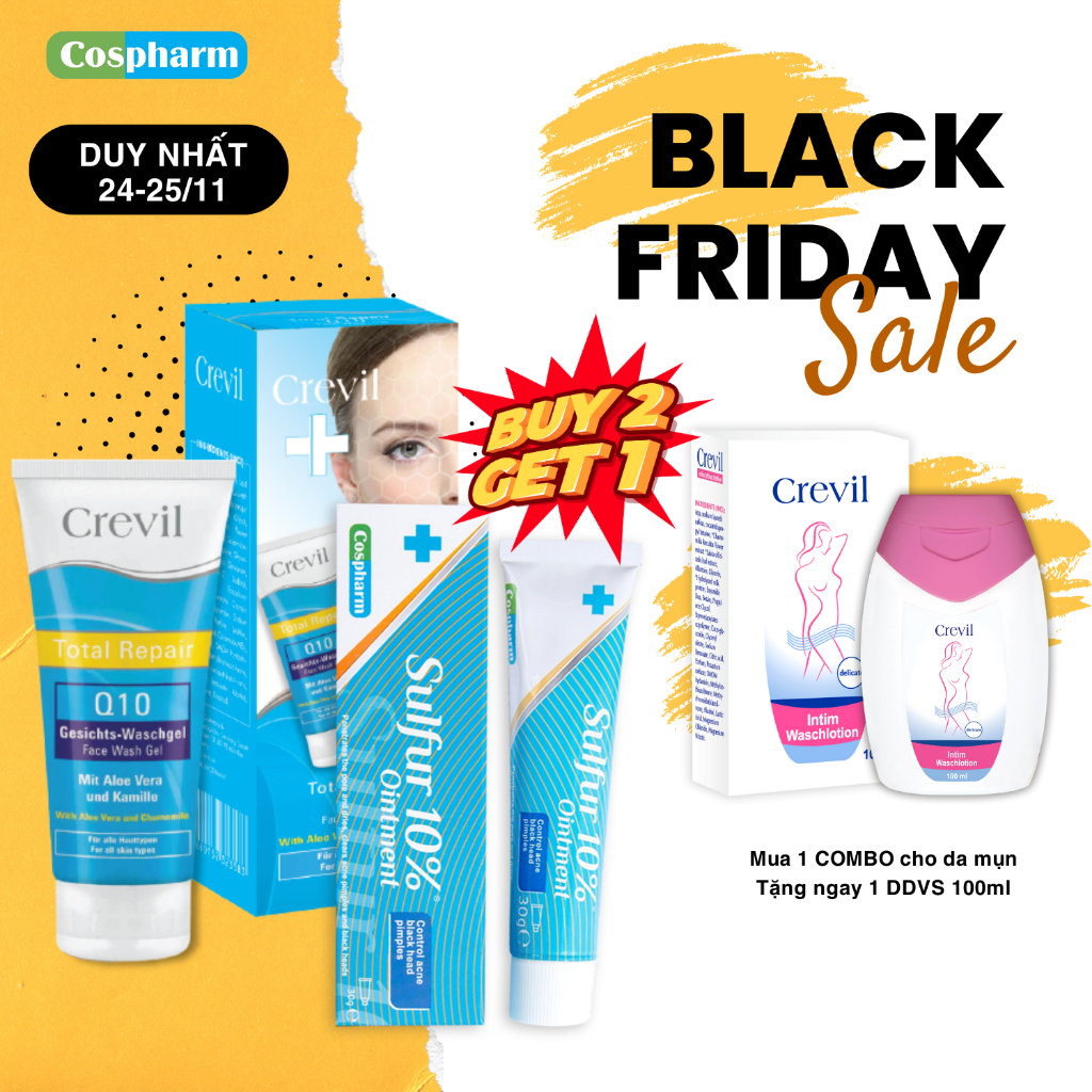 COMBO CHO DA MỤN: Gel Rửa Mặt Crevil Q10 và Kem Mụn Sulfur Ointment