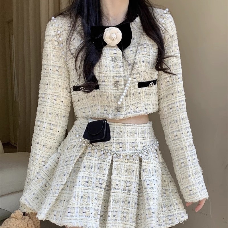 Set Dạ Tweed Tay Dài Thanh Lịch, Áo Khoác Croptop Tweed  Kèm Chân Váy Dạ Xếp Ly Phong Cách Tiểu Thư Hàn Quốc
