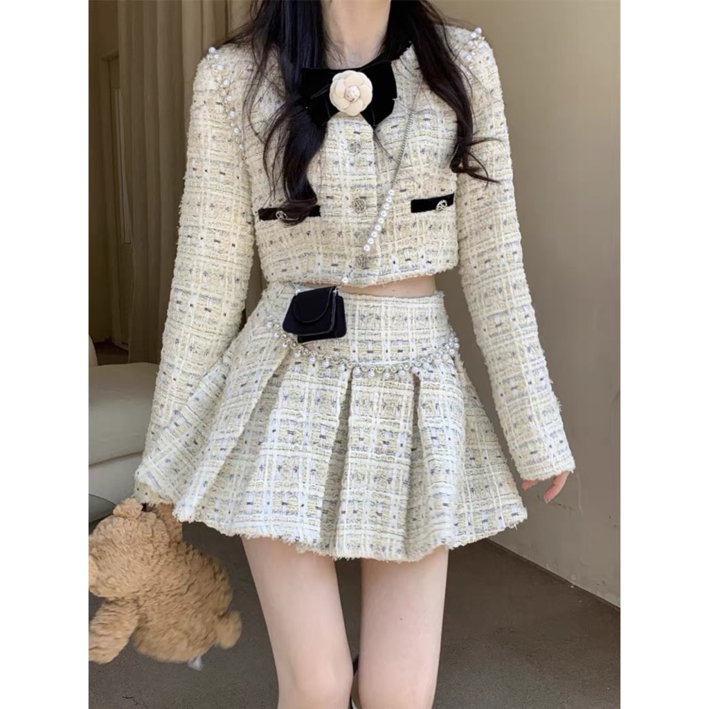 Set Dạ Tweed Tay Dài Thanh Lịch, Áo Khoác Croptop Tweed  Kèm Chân Váy Dạ Xếp Ly Phong Cách Tiểu Thư Hàn Quốc