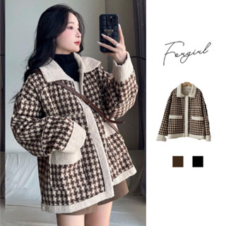 Áo khoác dạ phối lông cừu Forgirl họa tiết caro dáng rộng khóa kéo phối túi phong cách Hàn Quốc T013