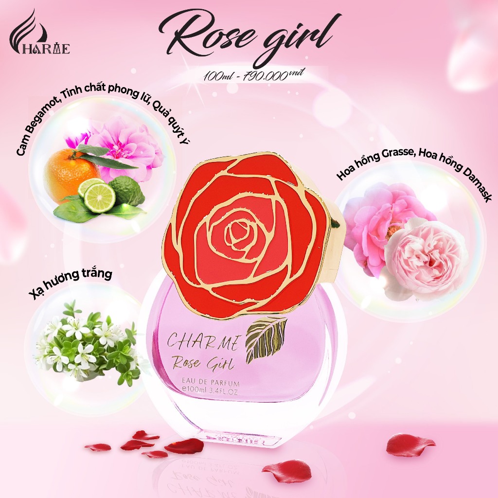 Nước hoa nữ cao cấp, Charme Rose Girl, hương hoa hồng, thanh mát, ngọt ngào, đầy quyến rũ, 100ml