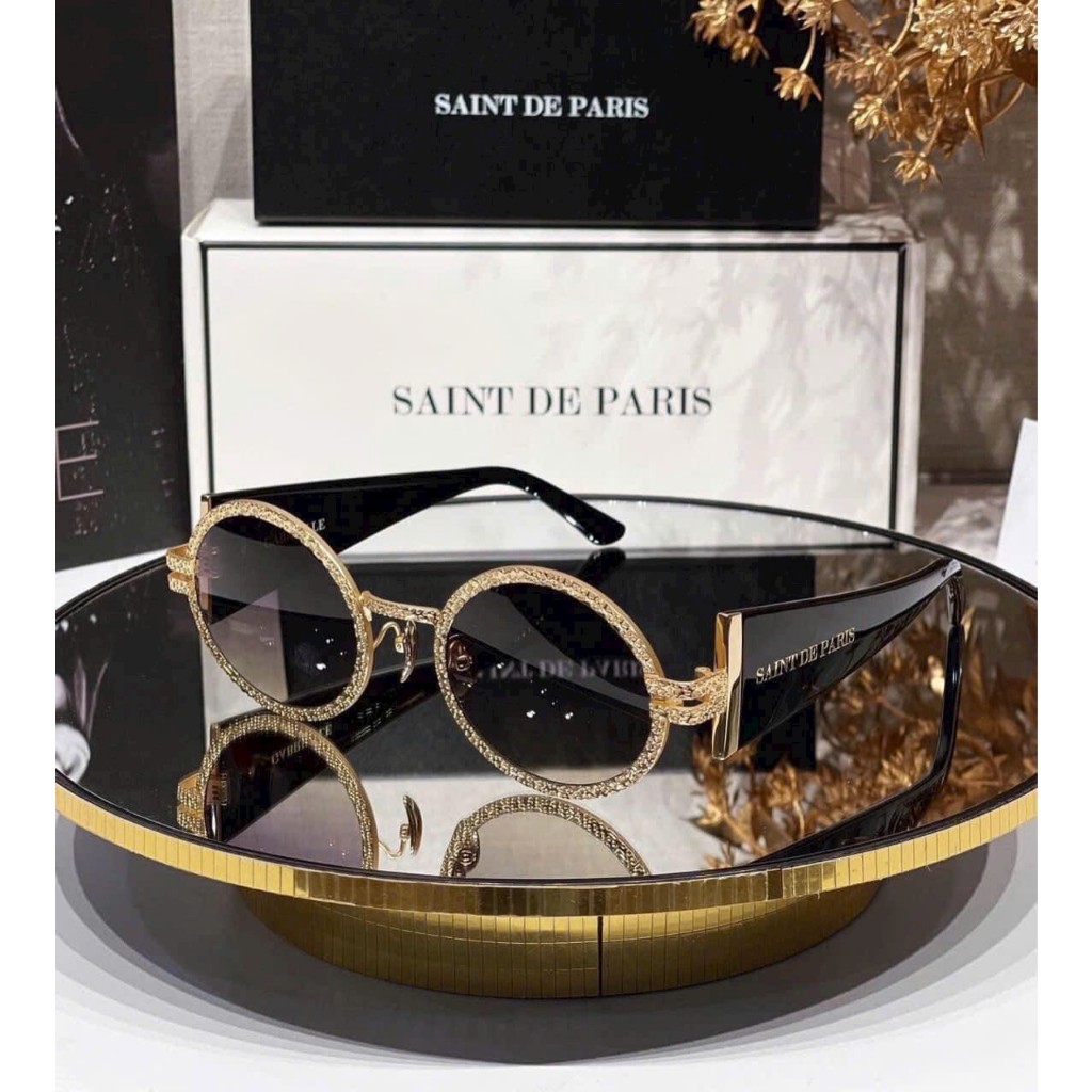 Kính mát nữ ysl gọng tròn viền kim tuyến chân kính bản to màu đen trắng tặng khăn