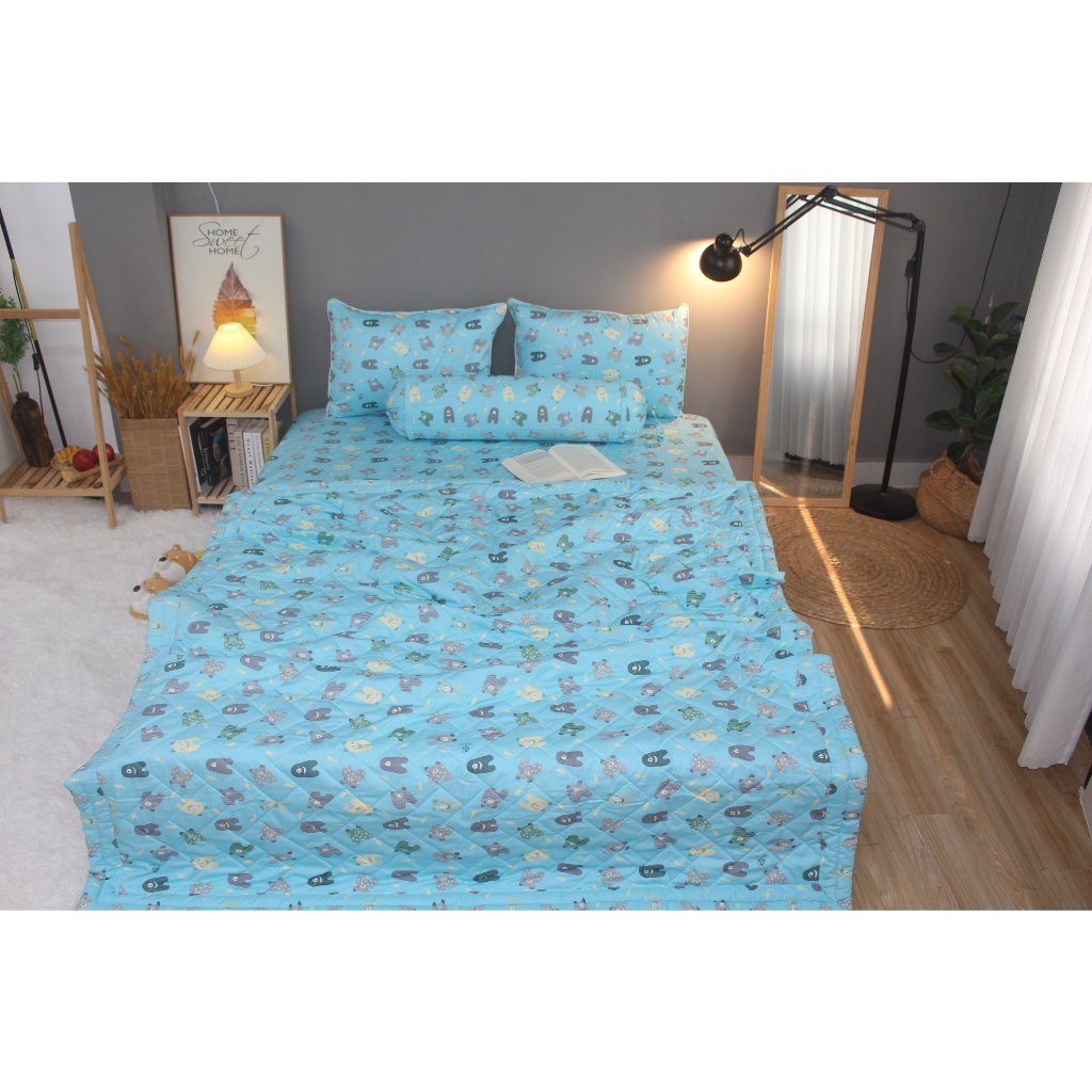 Bộ drap gối KHA LY - cotton thiên nhiên - Gấu Bông-Xanh - VN352