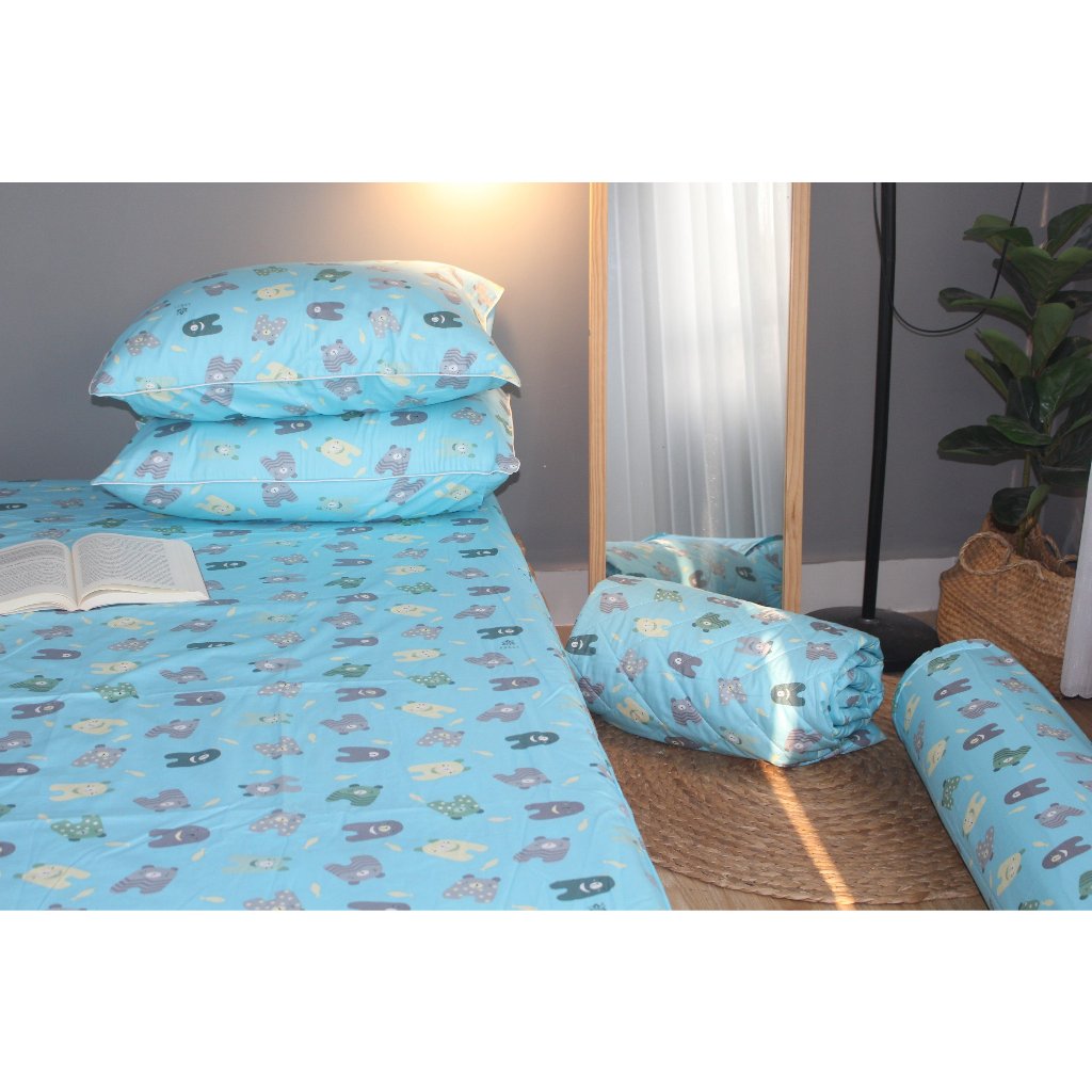 Bộ drap gối KHA LY - cotton thiên nhiên - Gấu Bông-Xanh - VN352