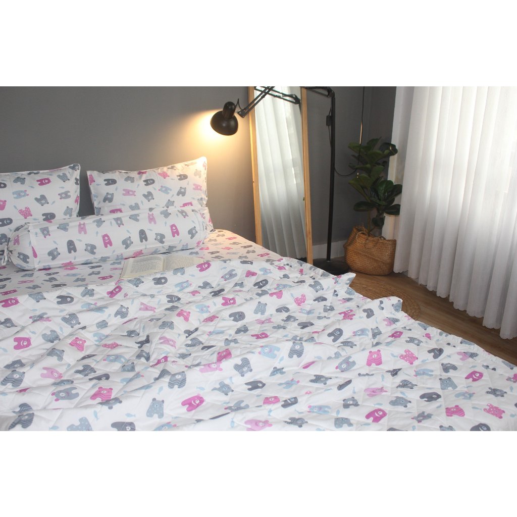 Bộ drap gối KHA LY - cotton thiên nhiên - Gấu Bông-Hồng - VN351