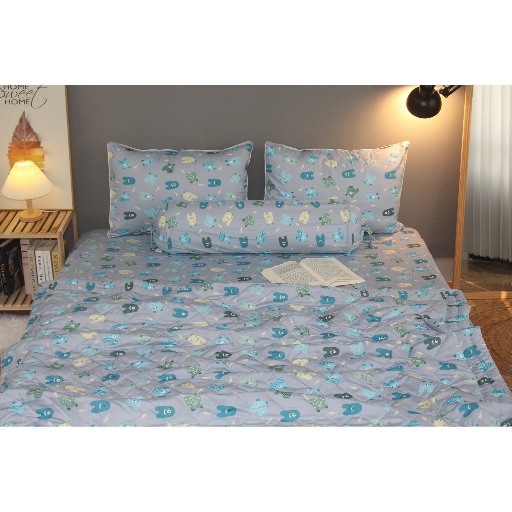 Bộ drap gối KHA LY - cotton thiên nhiên - Gấu Bông-Xám - VN353