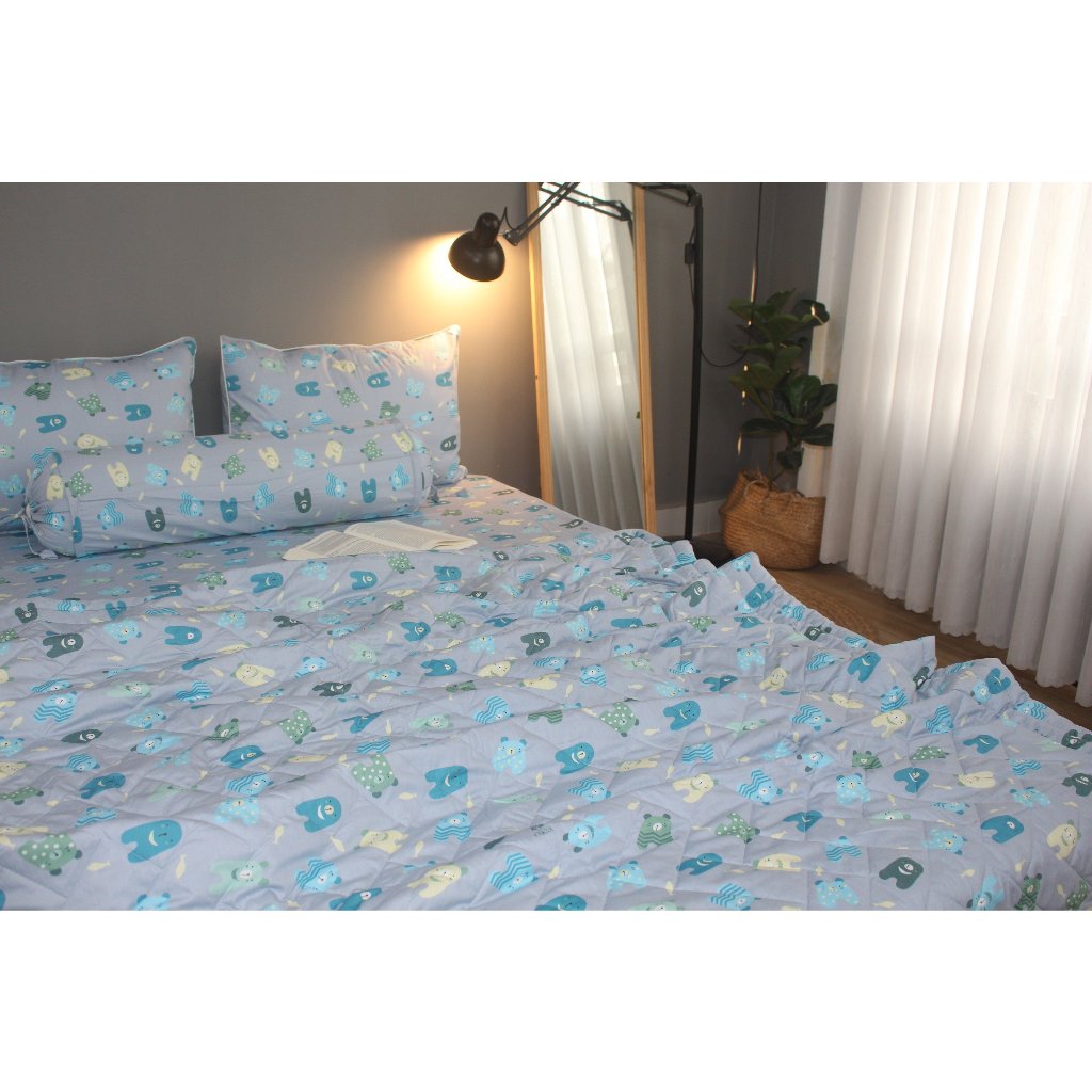 Bộ drap gối KHA LY - cotton thiên nhiên - Gấu Bông-Xám - VN353