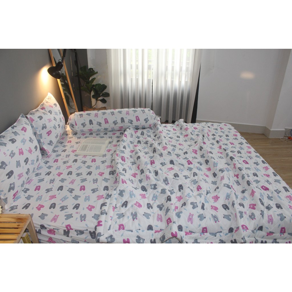 Bộ drap gối KHA LY - cotton thiên nhiên - Gấu Bông-Hồng - VN351