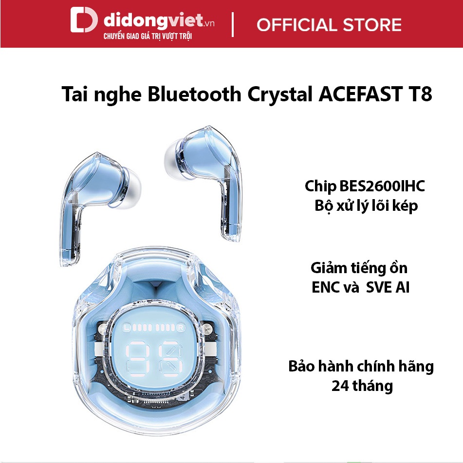 Tai nghe Bluetooth Crystal ACEFAST T8 Chính hãng - Chip BES2600IHC, Bộ xử lý lõi kép, Giảm tiếng ồn ENC và  SVE AI