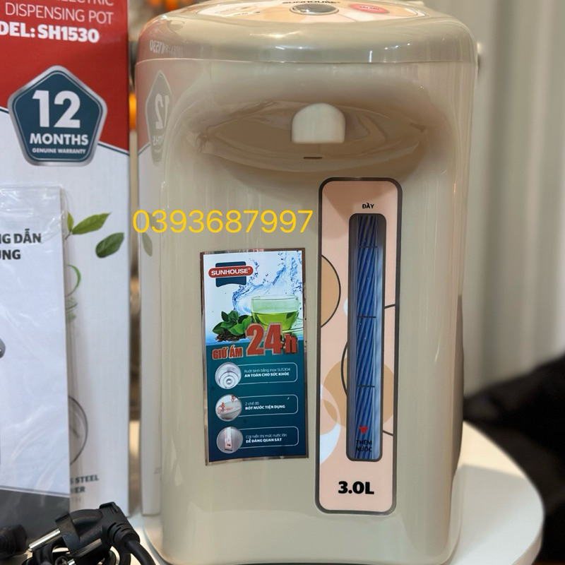 Bình Thủy Điện 3L SUNHOUSE SH1530 Thân Bình 2 Lớp Chức Năng Giữ Ấm và Đun Sôi Thông Minh Bảo Hành 12 Tháng Toàn Quốc