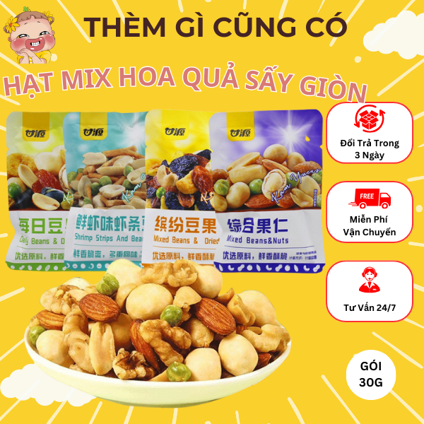 COMBO 5 GÓI HẠT DINH DƯỠNG MIX HẠT SẤY GIÒN 30G DATE MỚI, HÀNG CÓ SẴN