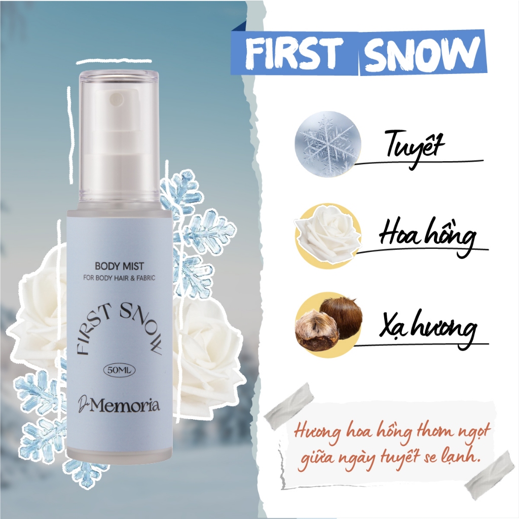 Body Mist Không Cồn De Memoria Hương Hoa Thanh Mát Như Tuyết Đầu Mùa (50ml) - First Snow #01 BST Cảm Xúc Chân Thật