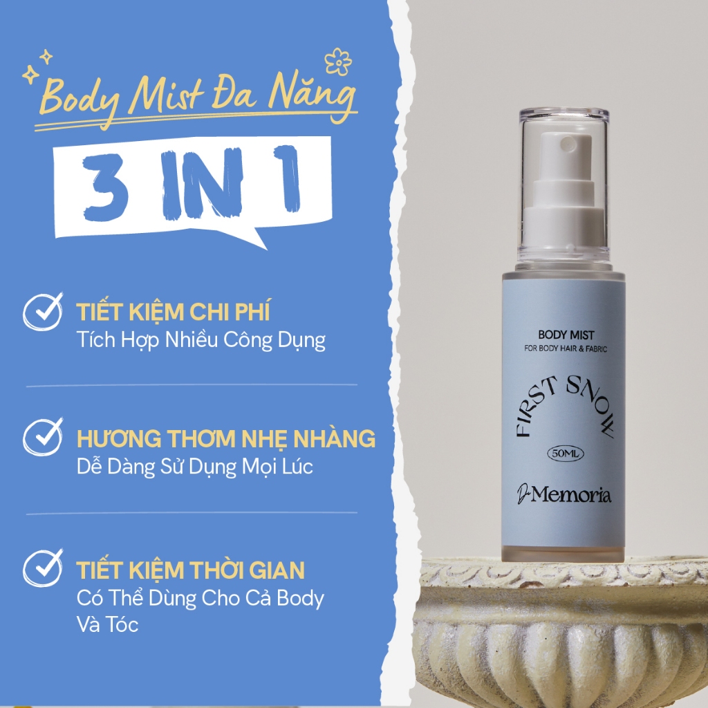 Body Mist Không Cồn De Memoria Hương Hoa Thanh Mát Như Tuyết Đầu Mùa (50ml) - First Snow #01 BST Cảm Xúc Chân Thật