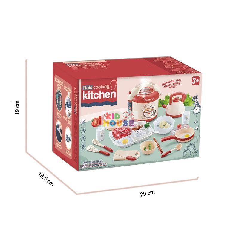 Bộ đồ chơi nấu ăn tạo hiệu ứng hơi nước cao cấp, đồ chơi nấu ăn 27 chi tiết nồi cơm điện hơi nước, chảo khói