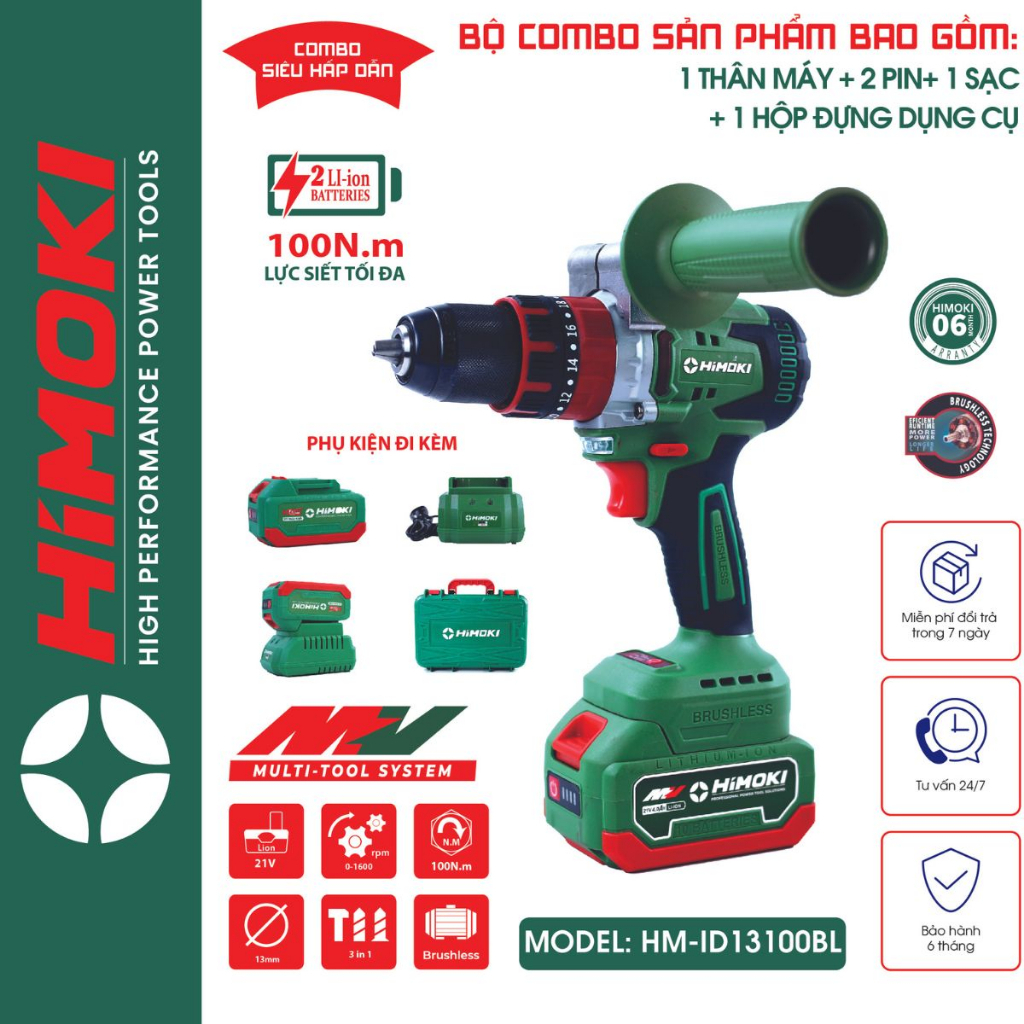 MÁY KHOAN PIN HIMOKI KHÔNG CHỔI THAN CÓ TAY CẦM - 100% LÕI ĐỒNG HM-13100BL