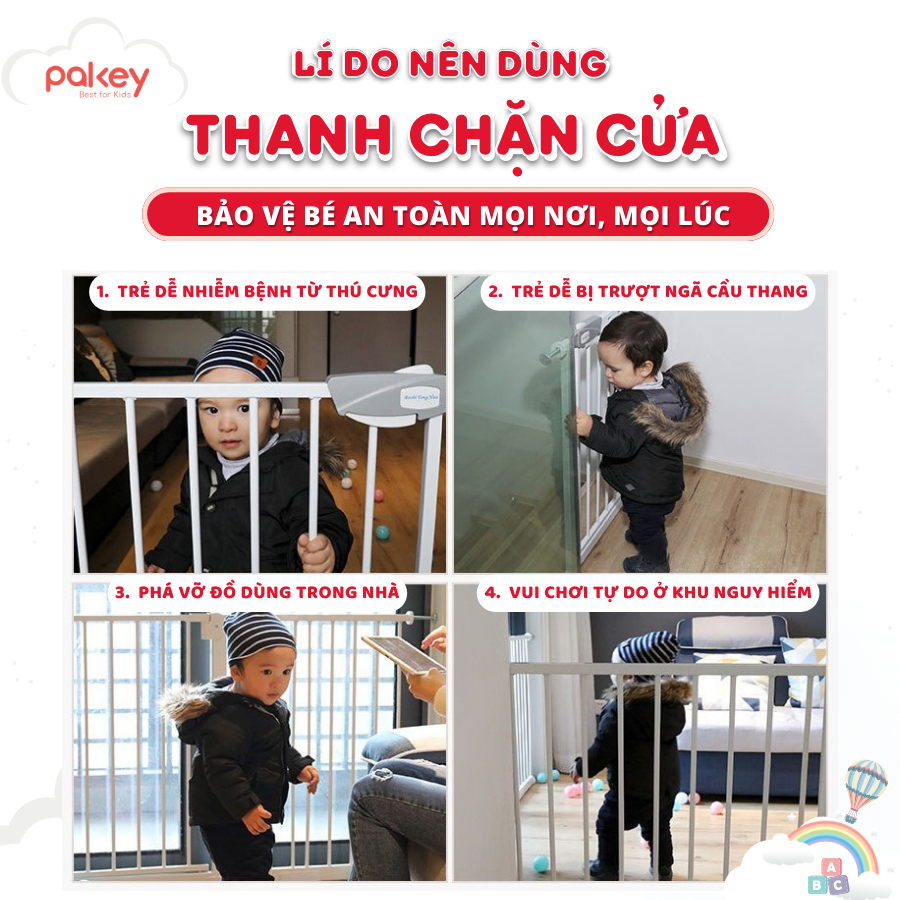 Thanh chắn cửa, chắn cầu thang không khoan tường an toàn cho trẻ nhỏ Pakey bảo hành 1 năm