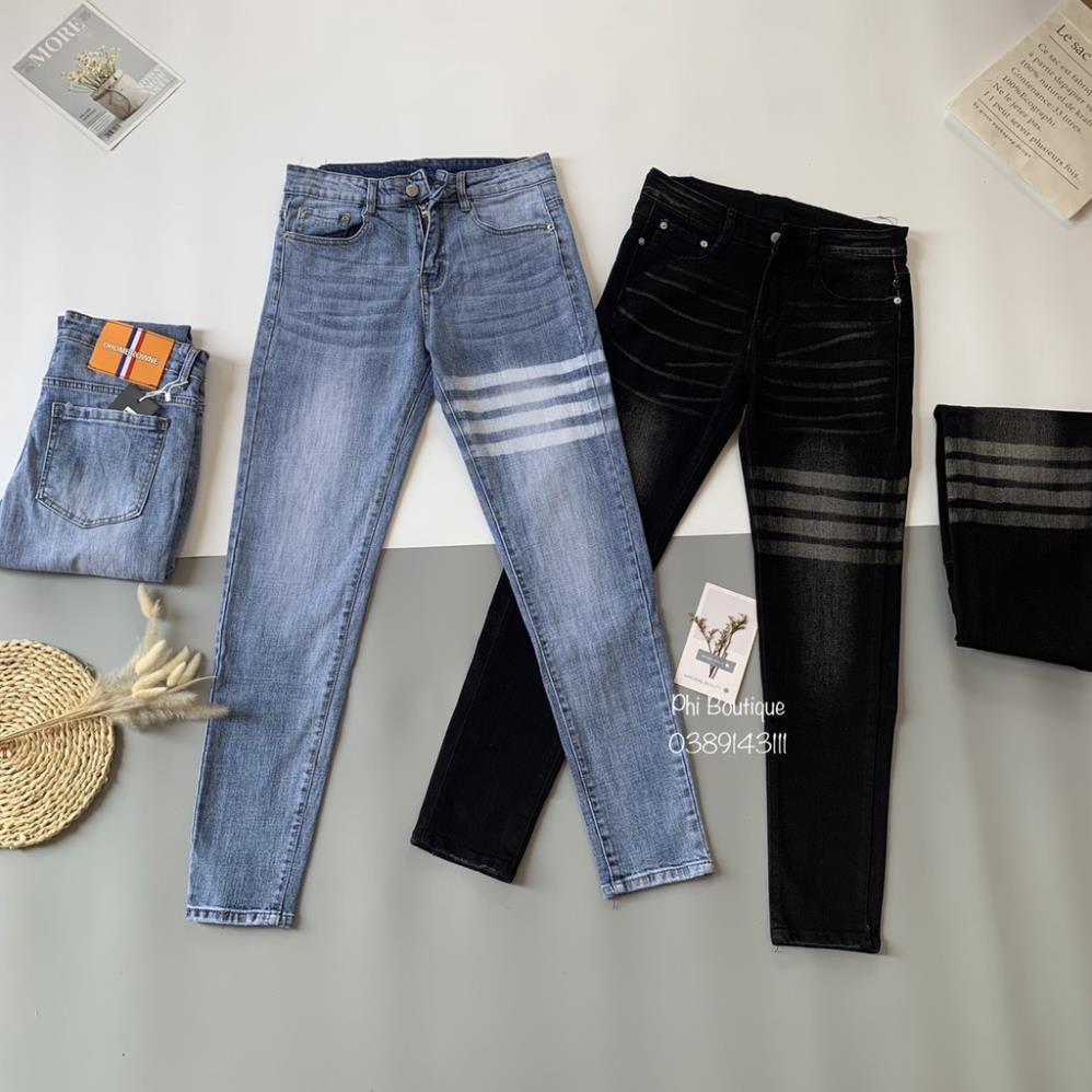 27_Quần JEANS THOME 4 Vạch Trắng Nam Quần bò nam Thom 4 sọc Trơn Phối Dập Kẻ Trắng Đùi hot trend 2023 chất siêu đẹp xịn