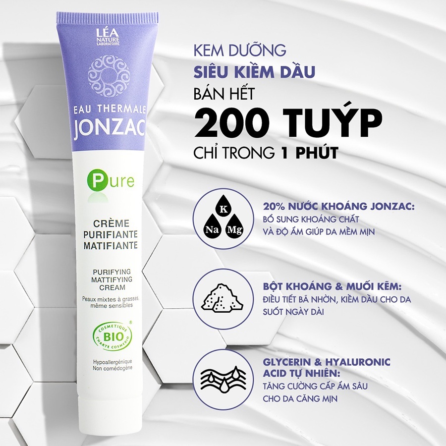 [HB GIFT] Kem Dưỡng Hữu Cơ Kiềm Dầu Eau Thermale Jonzac Pure Purifying Mattifying Cream 50ml