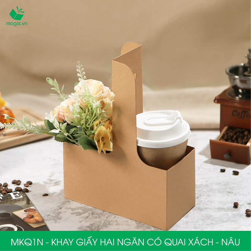 MKQ1N - 17.5x8x9 cm - 20 Khay giấy 2 ngăn quai xách màu nâu siêu chắc, hộp giấy 2 ngăn chống thấm đựng ly nước và hoa