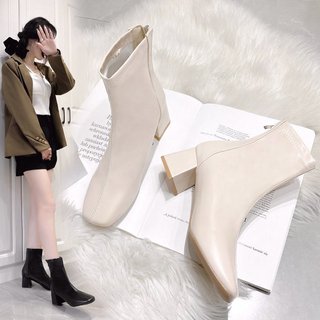 Bốt nữ cổ lửng chất da mềm ôm chân, Giày Boot Nữ Công Sở Gót Vuông Khóa Sau dế 5p Da Sần và Da Lì