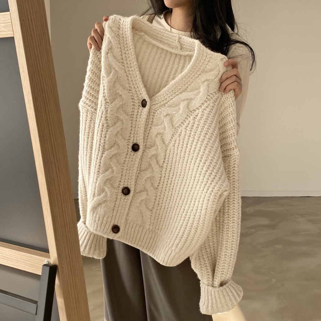 Áo len đan nữ Cardigan Cổ V Form rộng Hàn Quốc Áo len nữ Giữ ấm Chất dày dặn Thu Đông Cardigan