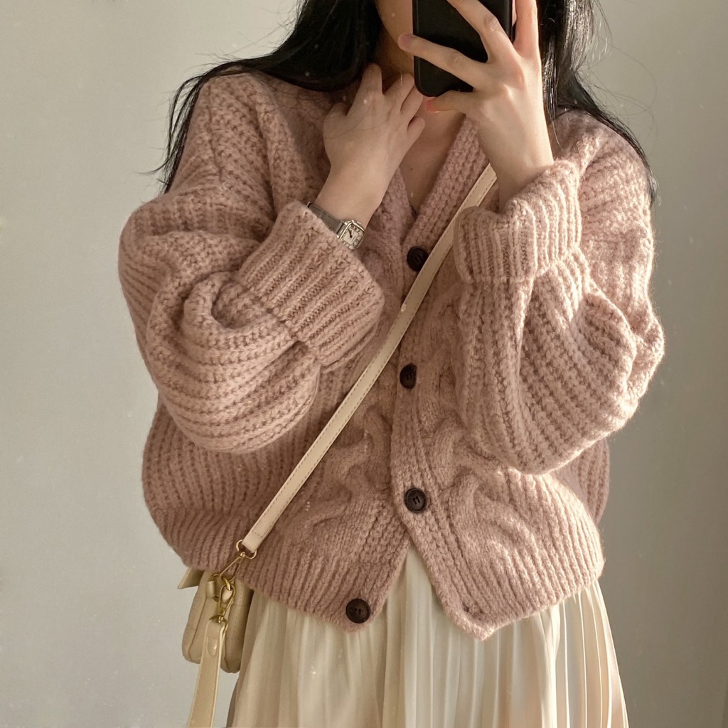 Áo len đan nữ Cardigan Cổ V Form rộng Hàn Quốc Áo len nữ Giữ ấm Chất dày dặn Thu Đông Cardigan