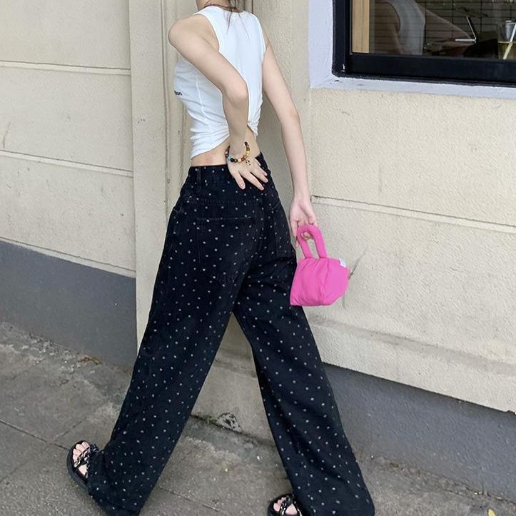 Quần Jean đen suông ống rộng nữ Họa tiết Chấm bi Lưng cao Cá tính Quần bò nữ Ống rộng Cạp cao Retro