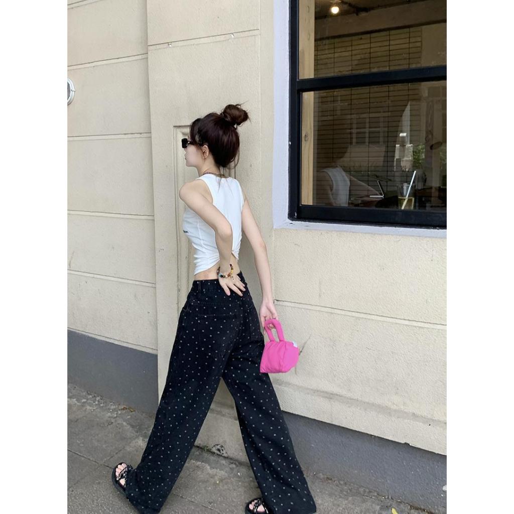 Quần Jean đen suông ống rộng nữ Họa tiết Chấm bi Lưng cao Cá tính Quần bò nữ Ống rộng Cạp cao Retro