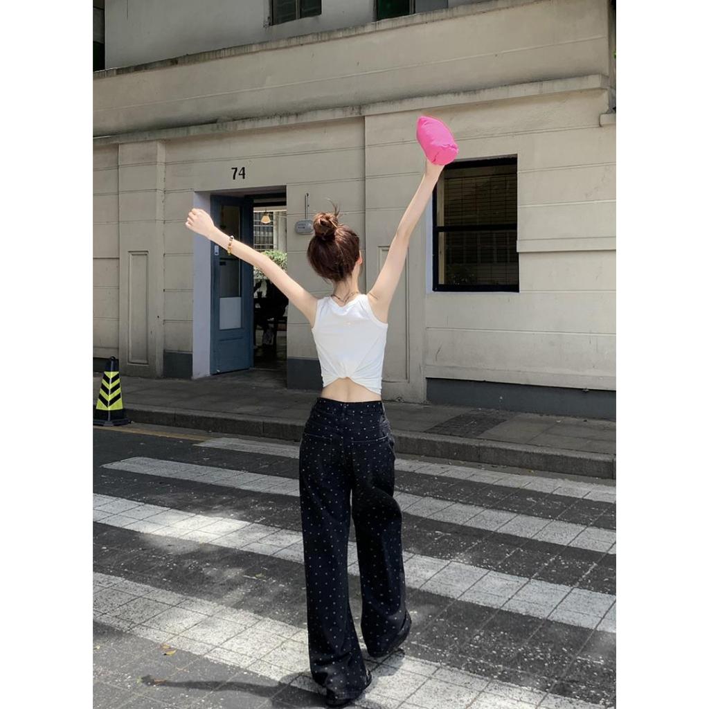 Quần Jean đen suông ống rộng nữ Họa tiết Chấm bi Lưng cao Cá tính Quần bò nữ Ống rộng Cạp cao Retro