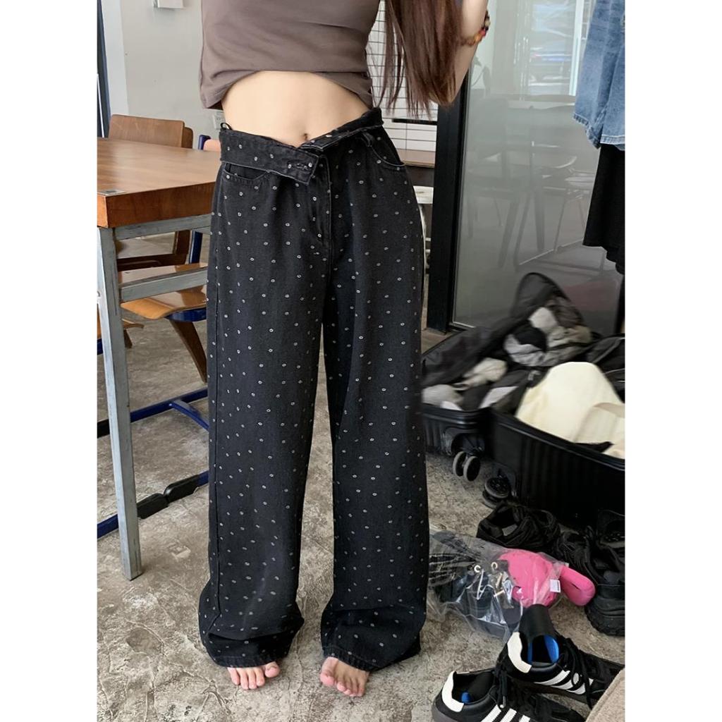 Quần Jean đen suông ống rộng nữ Họa tiết Chấm bi Lưng cao Cá tính Quần bò nữ Ống rộng Cạp cao Retro