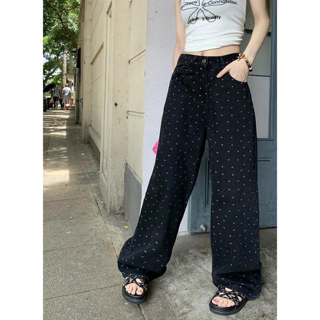 Quần Jean đen suông ống rộng nữ Họa tiết Chấm bi Lưng cao Cá tính Quần bò nữ Ống rộng Cạp cao Retro