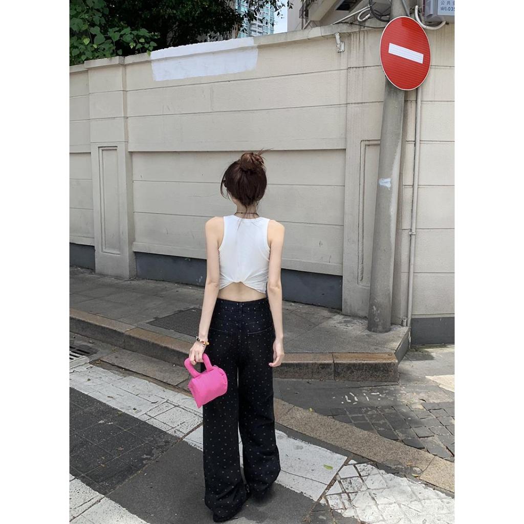 Quần Jean đen suông ống rộng nữ Họa tiết Chấm bi Lưng cao Cá tính Quần bò nữ Ống rộng Cạp cao Retro